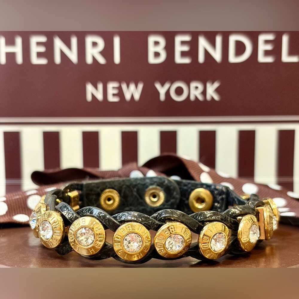 HENRI BENDEL Black/Gold Tone Crystal Leather bracelet/Adjustable/No callouts